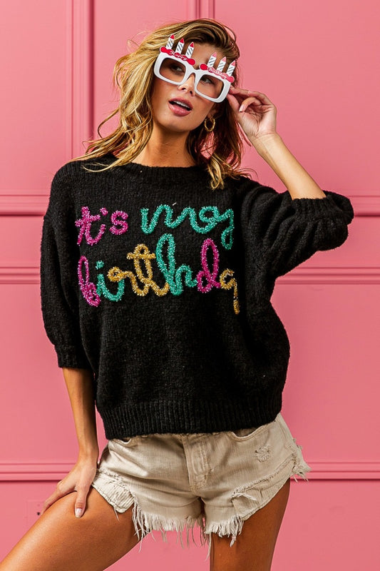 BiBi Metallic Letter Puff Sleeve Birthday Sweater