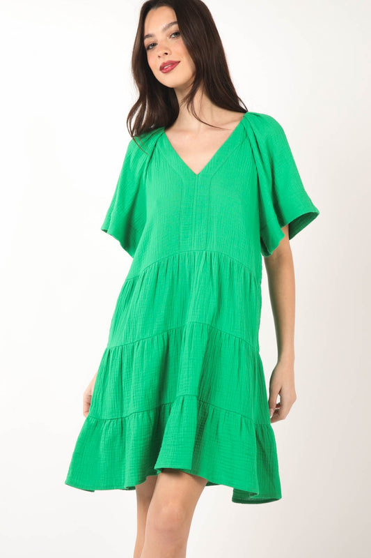 VERY J Texture V-Neck Ruffled Tiered Dress - Premium Dresses from Trendsi - Just $44.52! Shop now at ZeesPieces