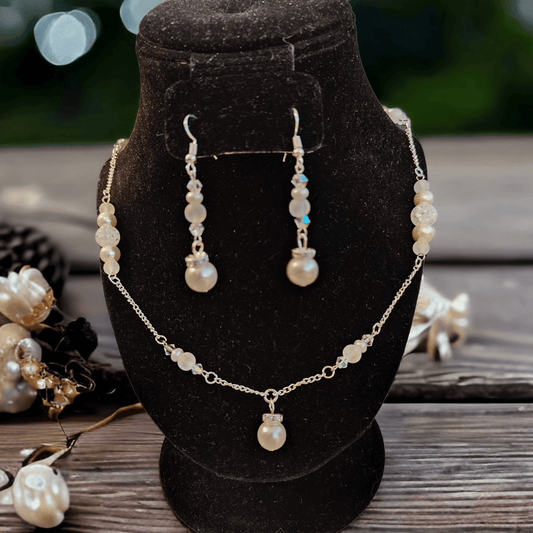 Glass Pearl Necklace and Earring Set with Crackle Glass Beads and Austrian Crystals - ZeesPieces