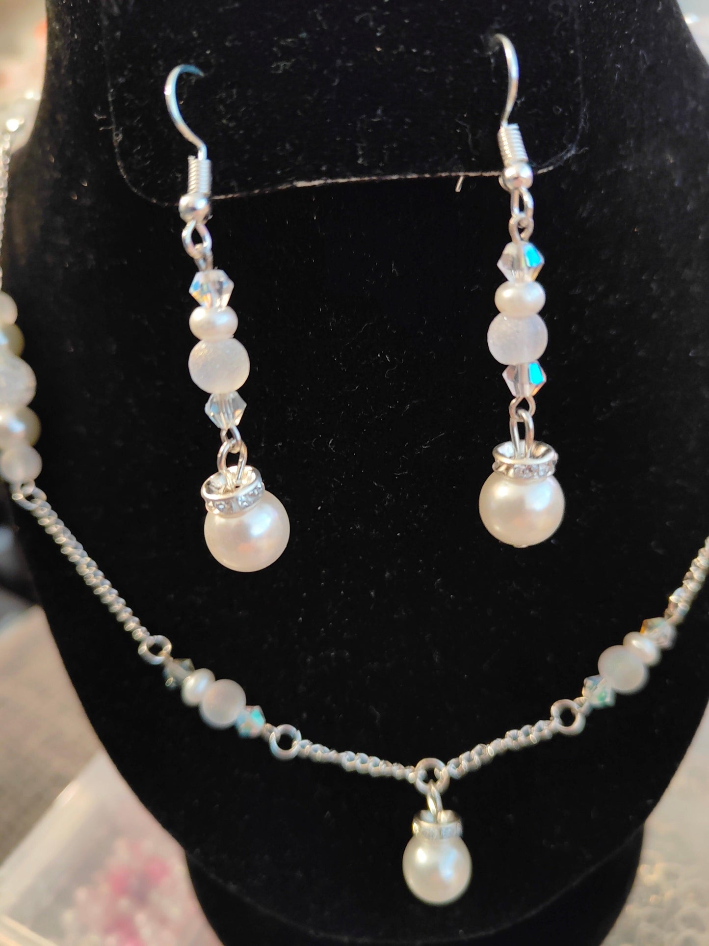 Glass Pearl Necklace and Earring Set with Crackle Glass Beads and Austrian Crystals - ZeesPieces