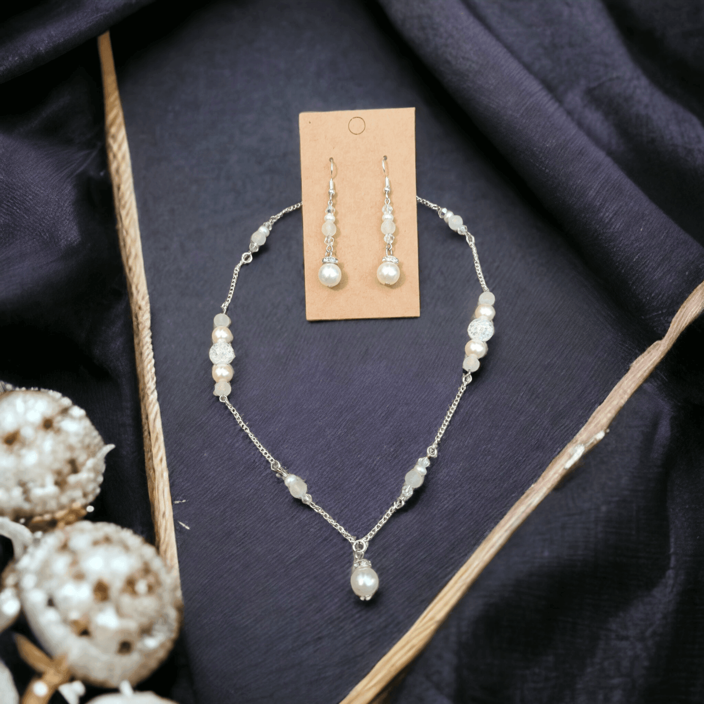 Glass Pearl Necklace and Earring Set with Crackle Glass Beads and Austrian Crystals - ZeesPieces