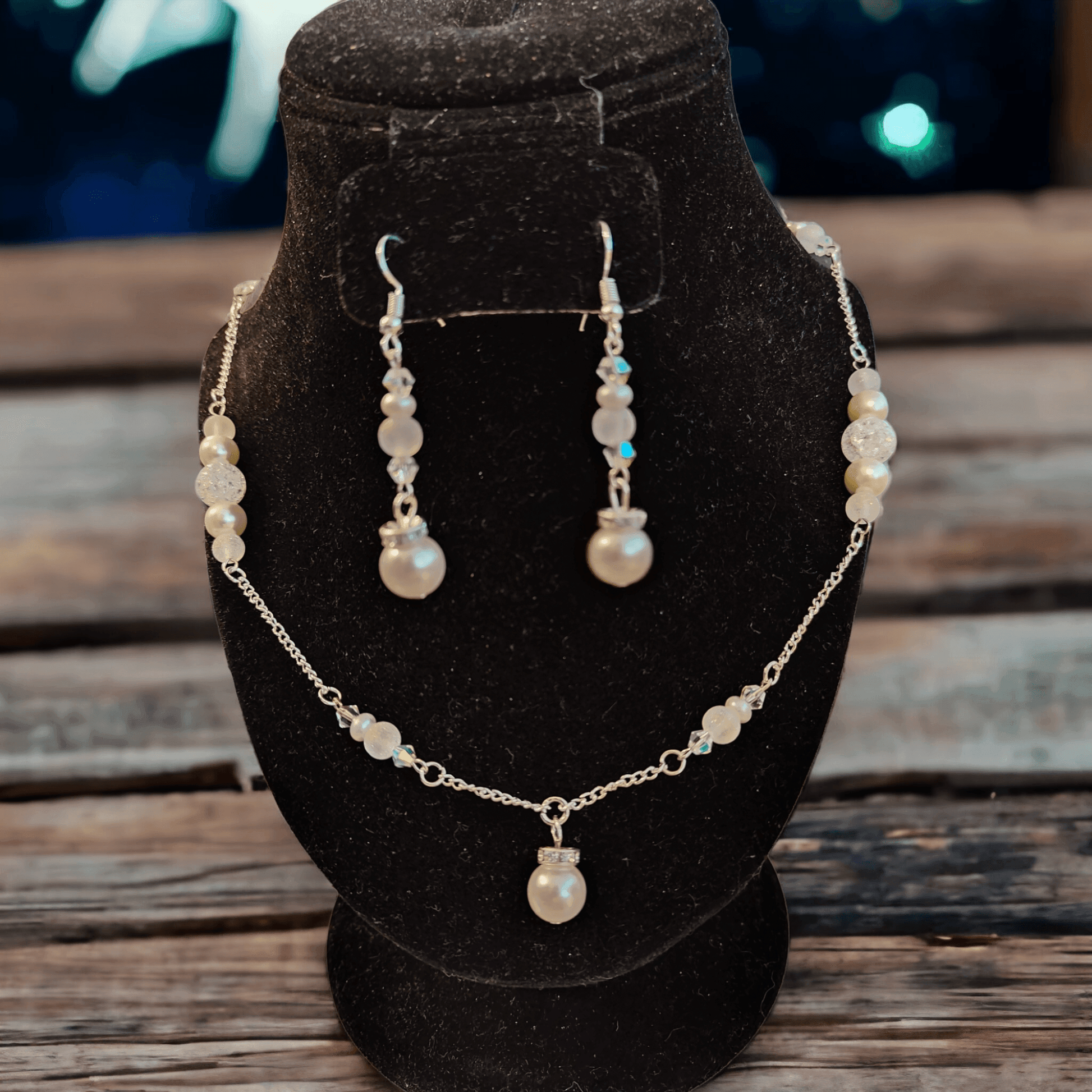 Glass Pearl Necklace and Earring Set with Crackle Glass Beads and Austrian Crystals - ZeesPieces