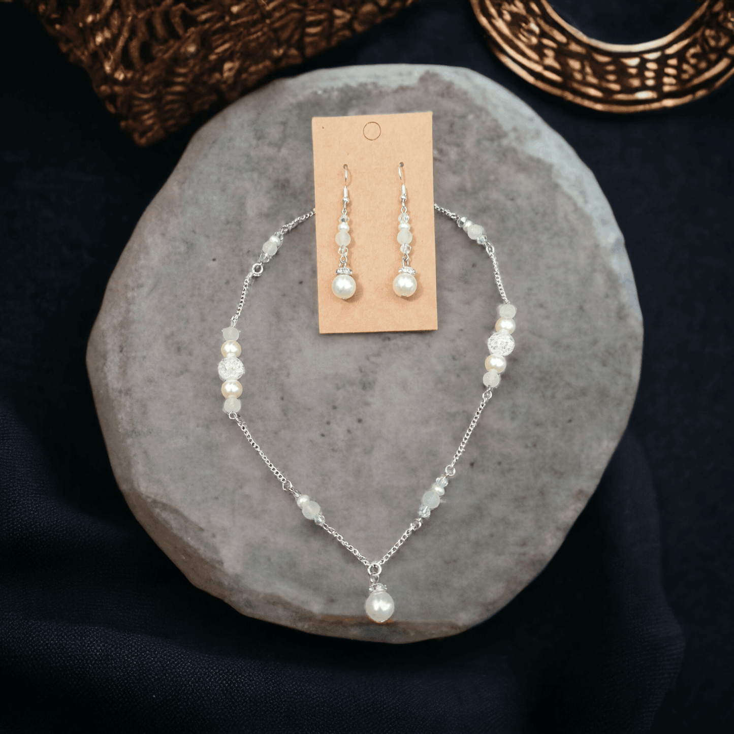 Glass Pearl Necklace and Earring Set with Crackle Glass Beads and Austrian Crystals - ZeesPieces