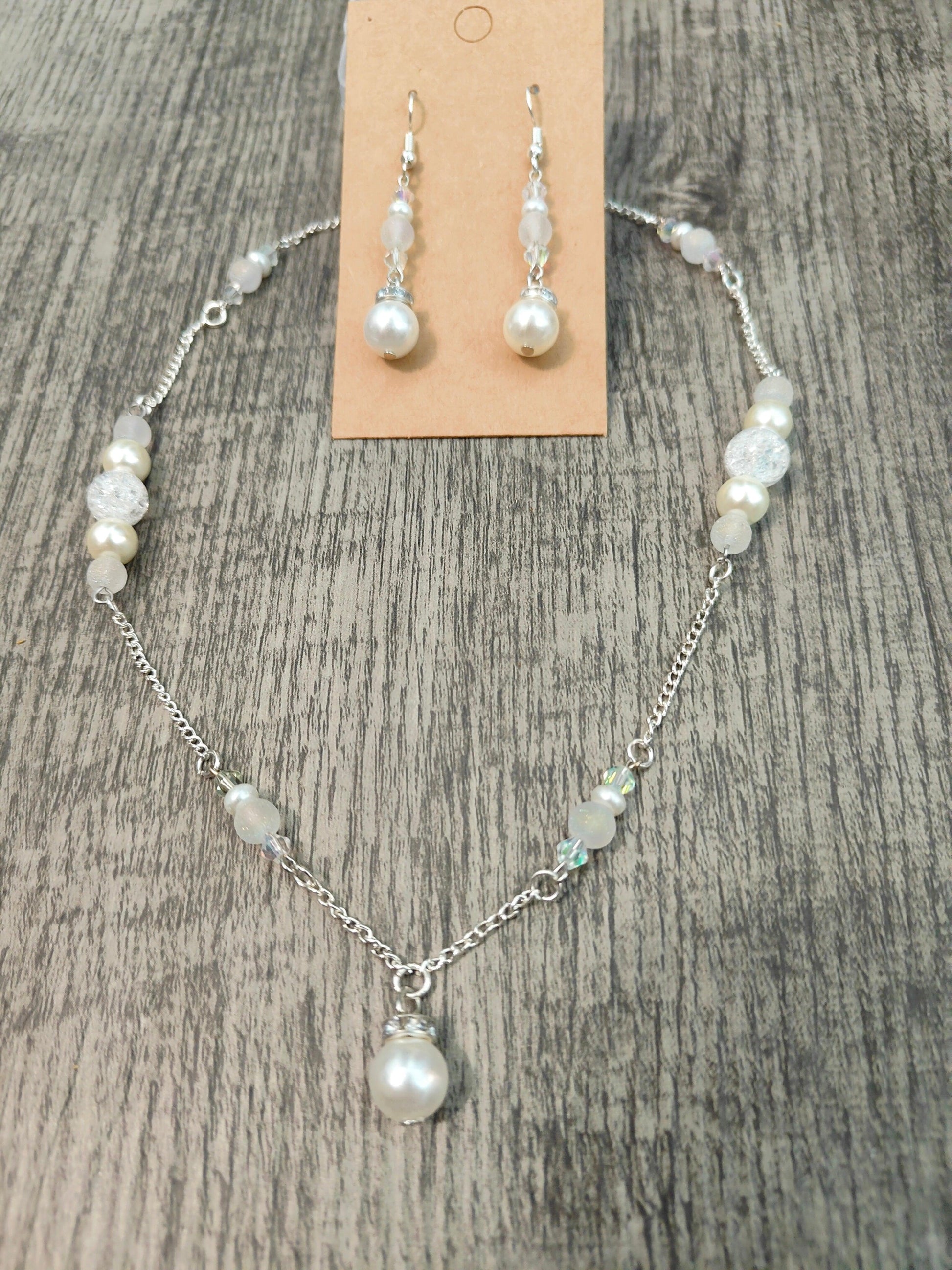 Glass Pearl Necklace and Earring Set with Crackle Glass Beads and Austrian Crystals - ZeesPieces