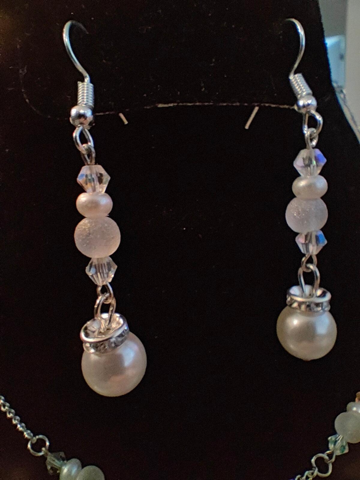 Glass Pearl Necklace and Earring Set with Crackle Glass Beads and Austrian Crystals - ZeesPieces