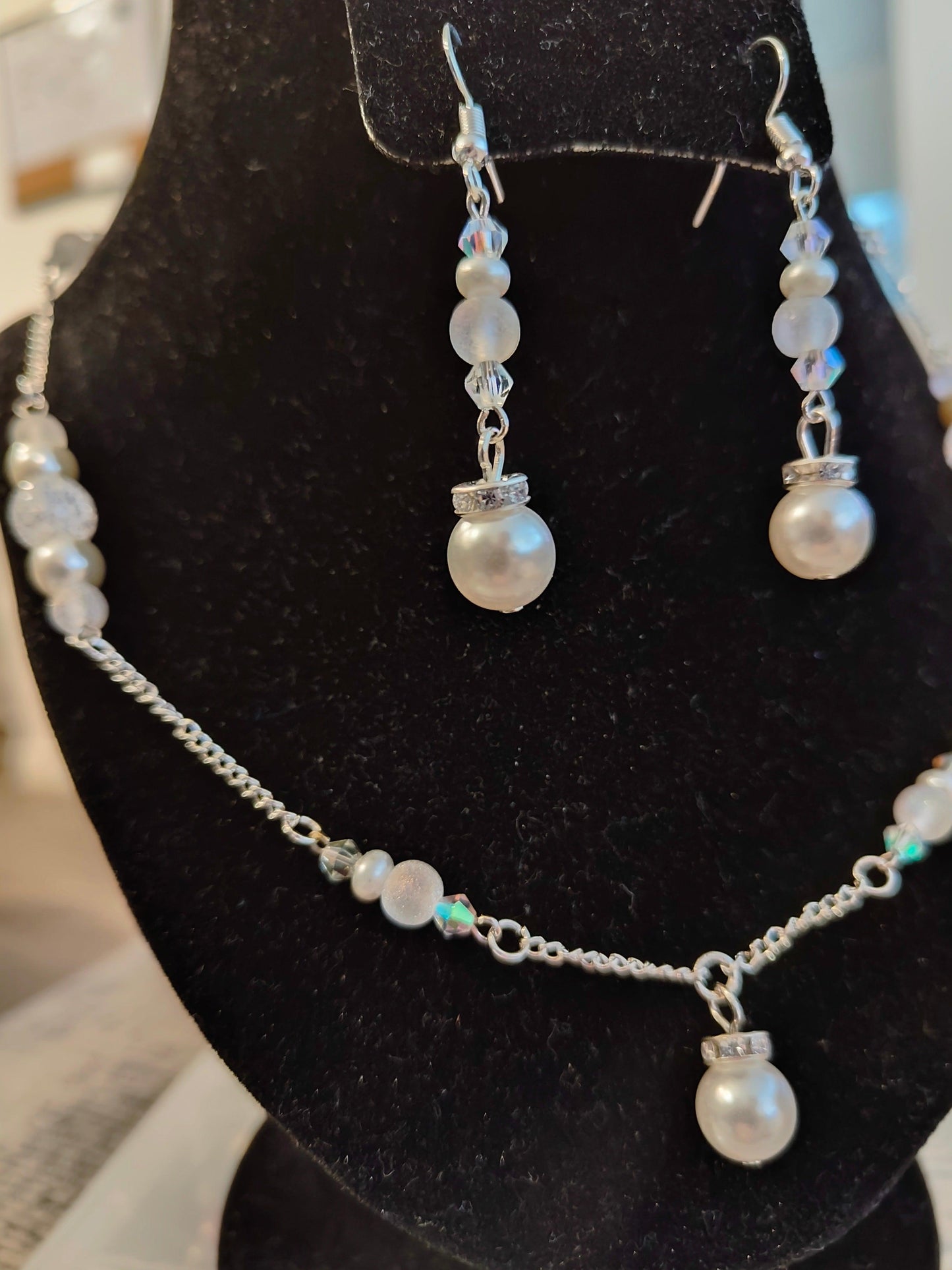 Glass Pearl Necklace and Earring Set with Crackle Glass Beads and Austrian Crystals - ZeesPieces