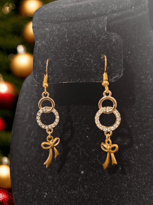 Golden Bow Earrings with Round Rhinestone Pendants - ZeesPieces