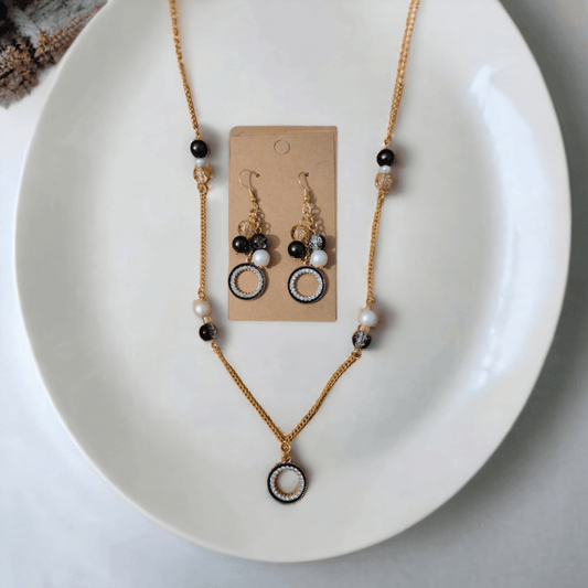 Golden Necklace and Earrings Set with Circular Rhinestone Pendants and Glass Beads - ZeesPieces