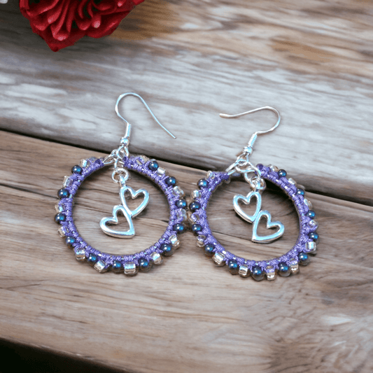 Hoop Earrings with Beads Entwined with Purple Thread, and Heart Charms - ZeesPieces