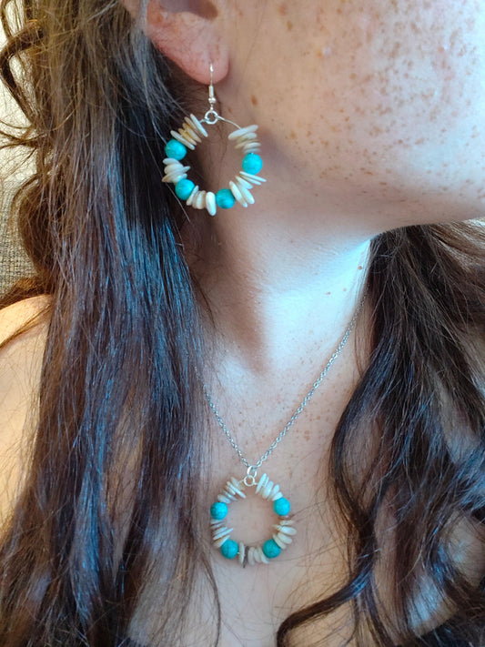 Hoop Earrings with Turquoise Glass Beads and Seashell Glass Beads - ZeesPieces