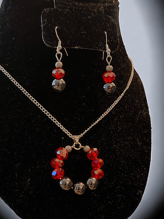 Hoop Necklace and Dangle Earrings featuring Gray Hematite Beads with Glass Rondelle Beads - ZeesPieces