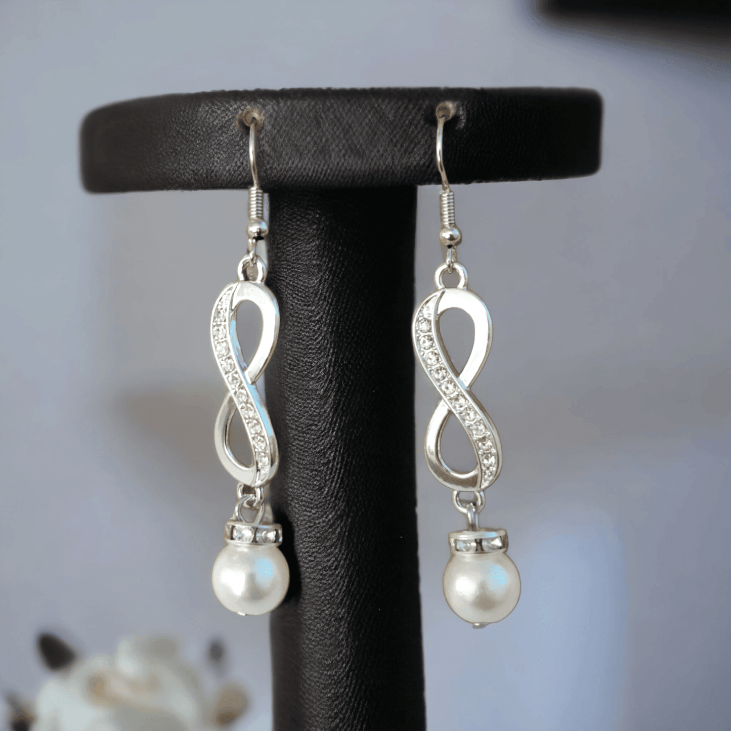 Infinity Earrings with Rhinestones and Glass Pearl - ZeesPieces