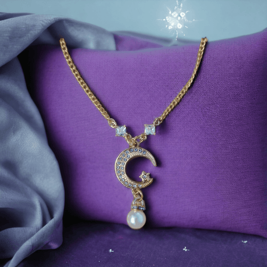 Moon and Star Pendant with Pearl and Glass Gems on Golden Chain - ZeesPieces