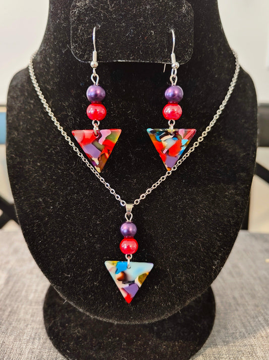 Necklace and Earring Set with Multicolored Triangular Pendant and Red and Purple Glass Beads - ZeesPieces