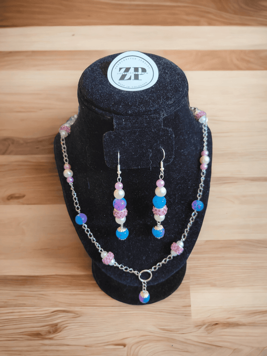 Necklace and Earring Set with Purple Glass Beads and White Glass Pearls - ZeesPieces