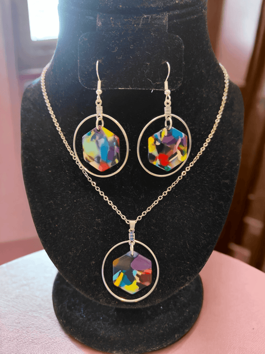 Necklace and Earrings Set: Hexagon Multicolored Glass Pendants in a Hoop - ZeesPieces