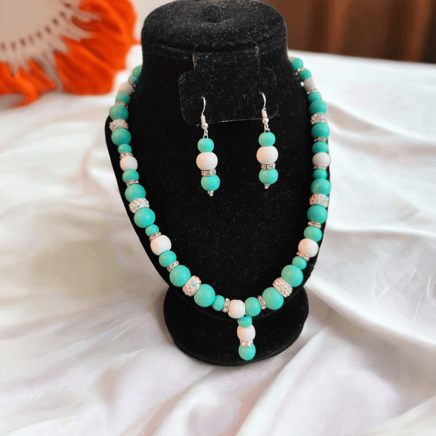 Necklace and Earrings Set with Turquoise and White Wooden Beads and Rhinestone Beads - ZeesPieces