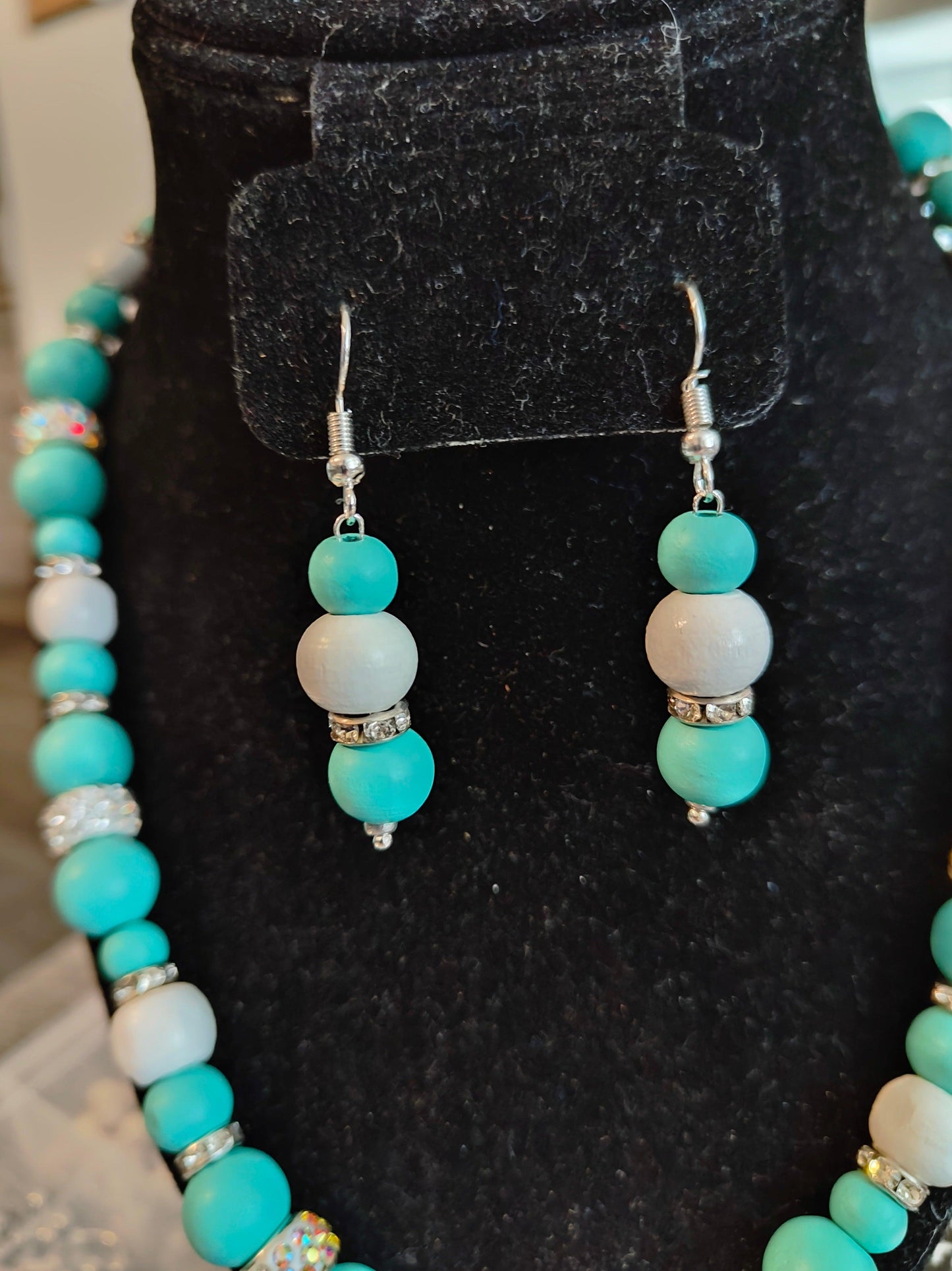 Necklace and Earrings Set with Turquoise and White Wooden Beads and Rhinestone Beads - ZeesPieces