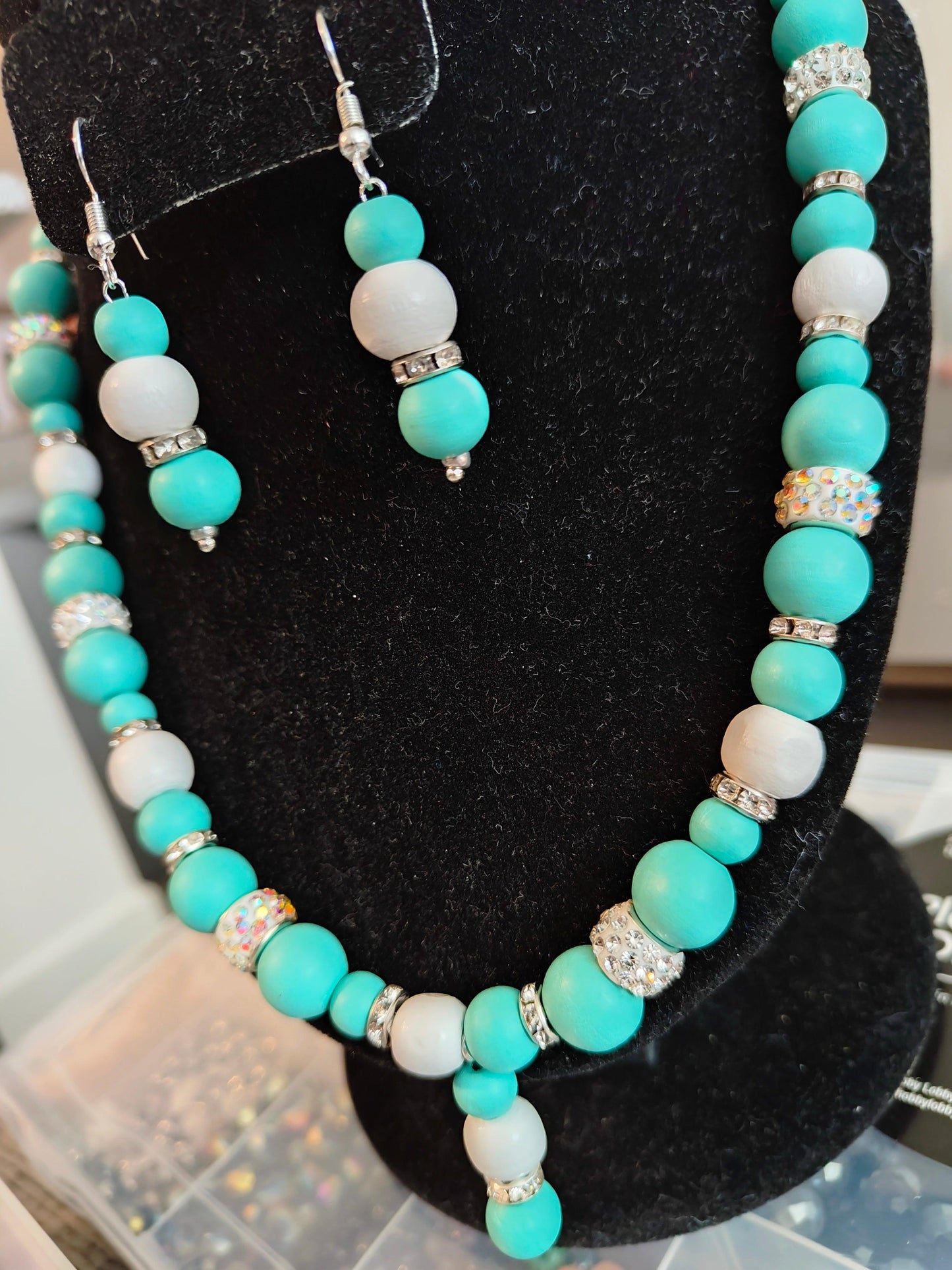 Necklace and Earrings Set with Turquoise and White Wooden Beads and Rhinestone Beads - ZeesPieces