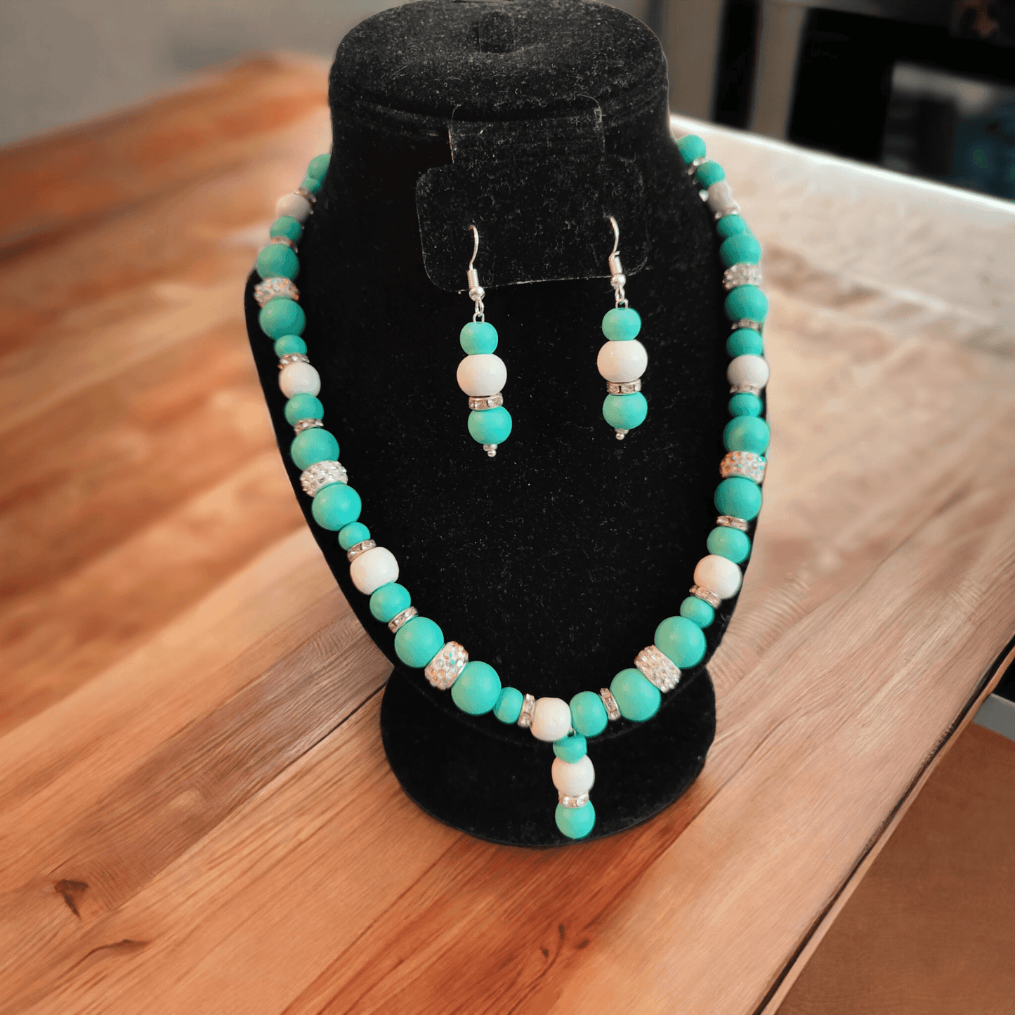 Necklace and Earrings Set with Turquoise and White Wooden Beads and Rhinestone Beads - ZeesPieces