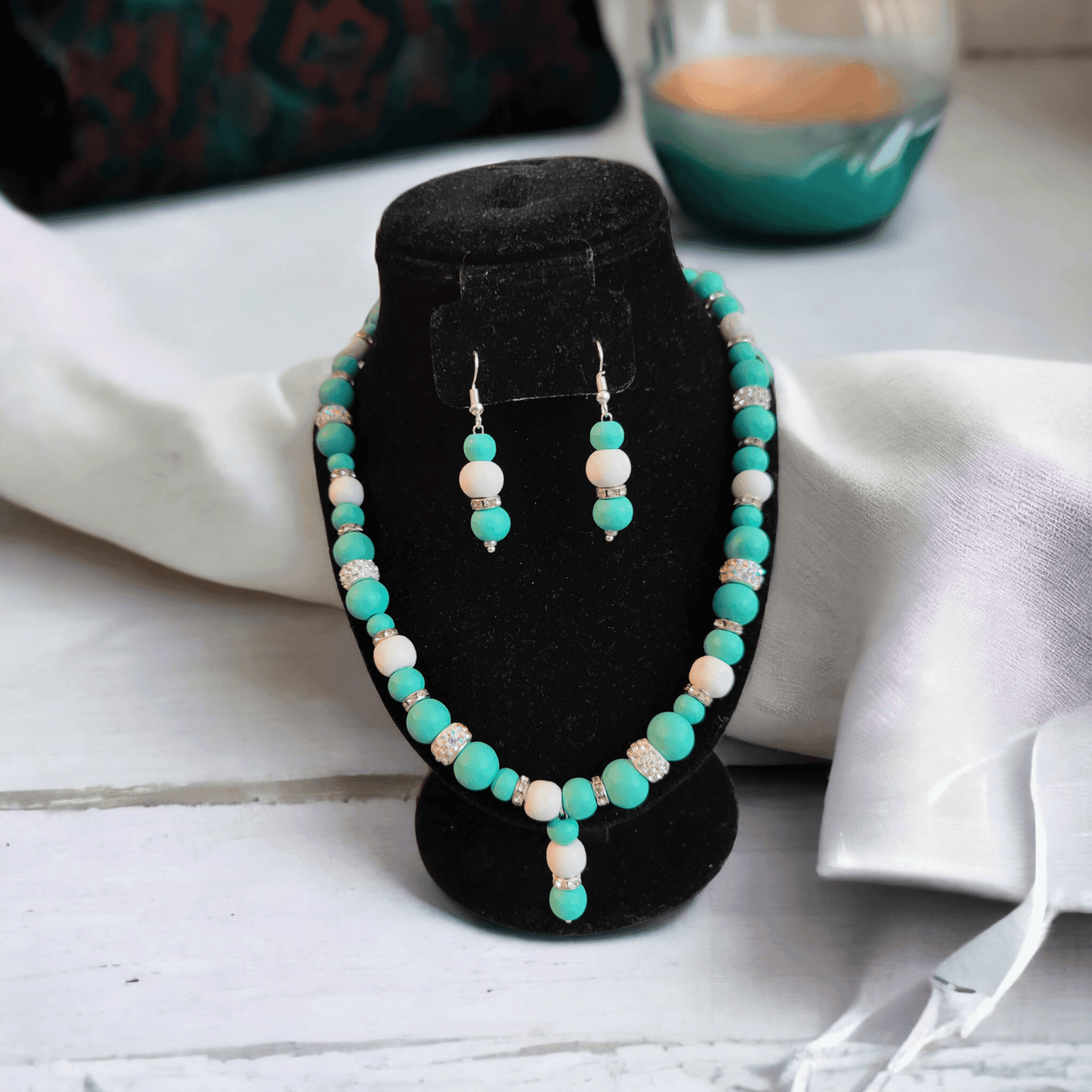 Necklace and Earrings Set with Turquoise and White Wooden Beads and Rhinestone Beads - ZeesPieces