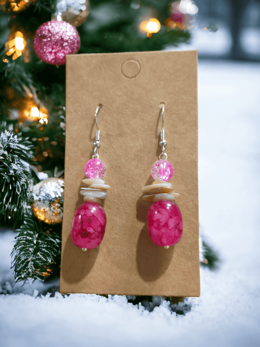 Pink Stone Earrings with Cream Colored Seashell Glass Beads and Pink Crackle Glass - ZeesPieces