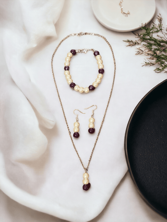 Purple and White Glass Pearl Beaded Jewelry Set | Pendant Necklace, Earrings, and Bracelet - ZeesPieces