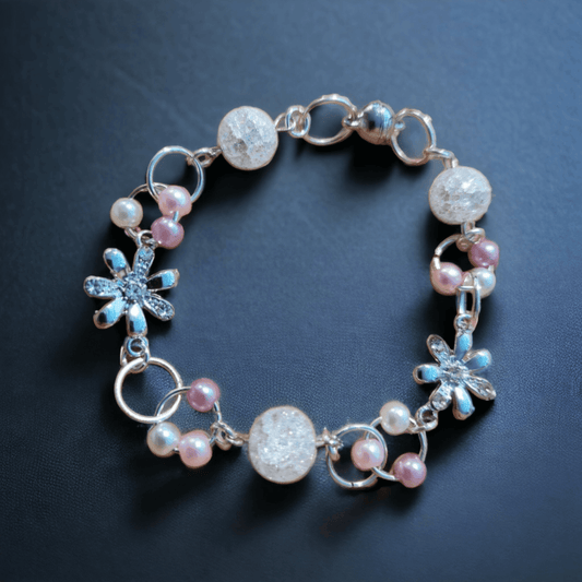 Rhinestone Flower Charm Bracelet with Glass Pearls and Crackle Glass Beads - ZeesPieces