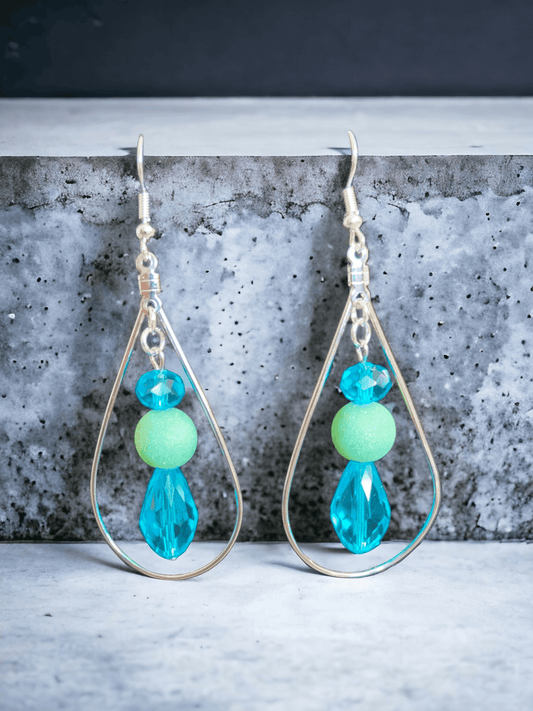 Teardrop Hoop Earrings with Turquoise and Green Glass Beads - ZeesPieces