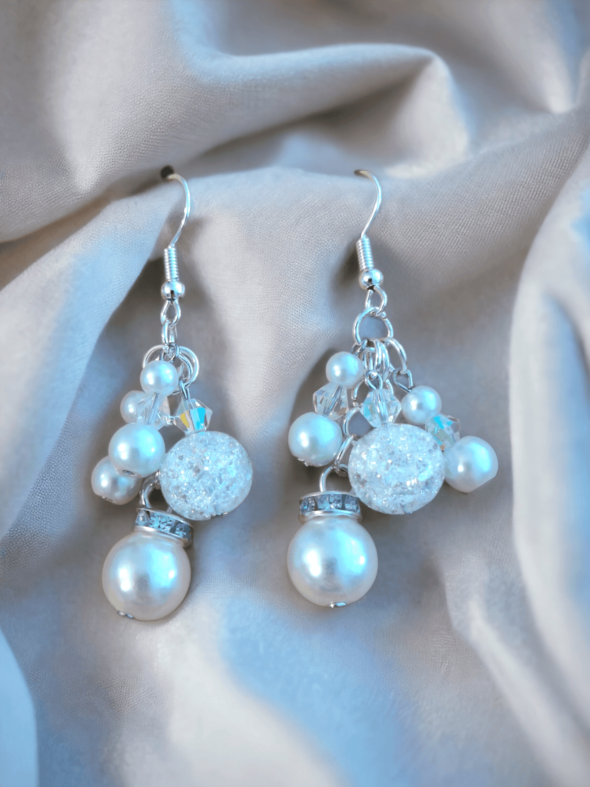 White Beaded Chandelier Earrings with Glass Pearls, Crackle Crystal Beads, and Austrian Crystals - ZeesPieces