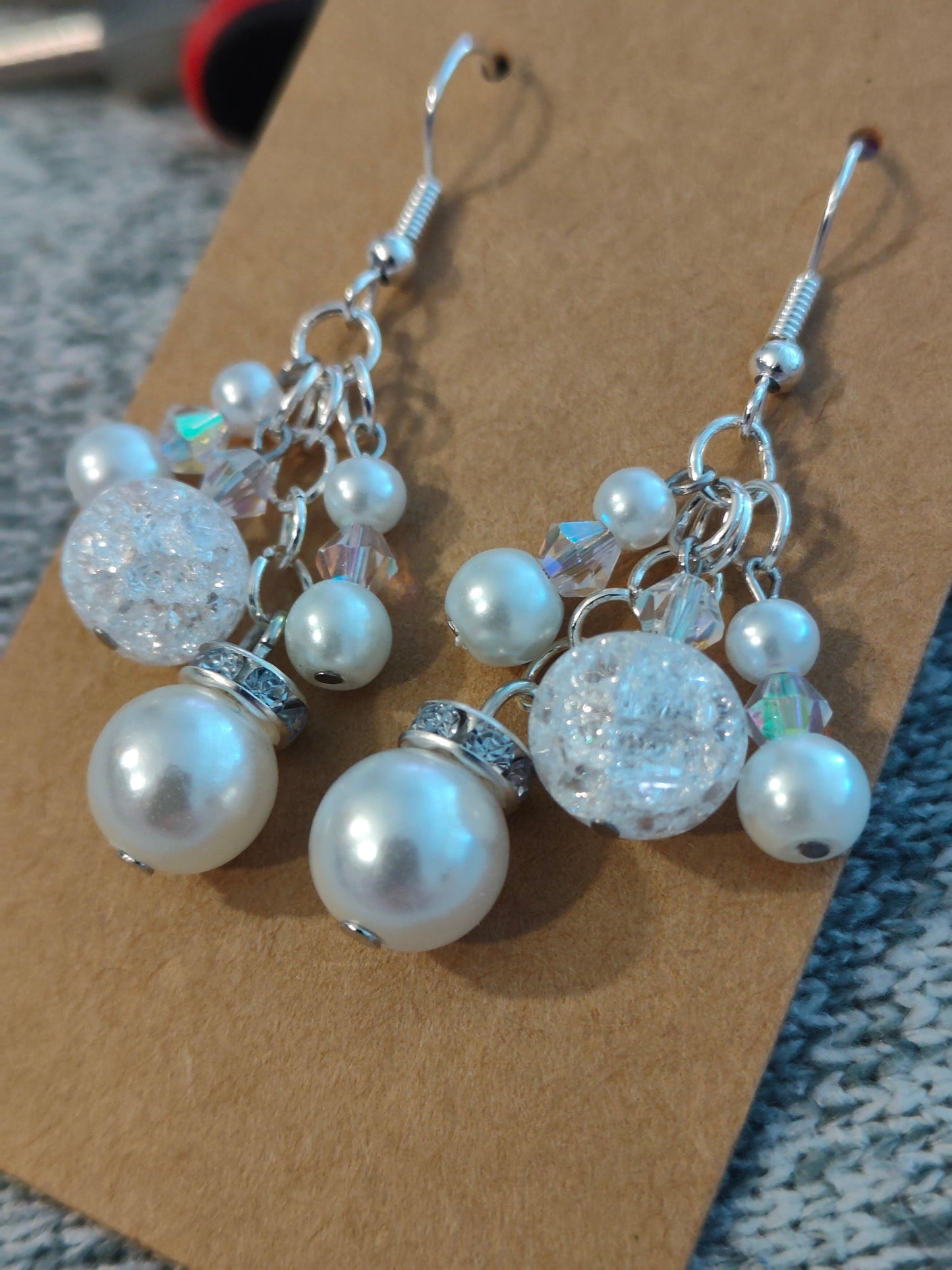 White Beaded Chandelier Earrings with Glass Pearls, Crackle Crystal Beads, and Austrian Crystals - ZeesPieces