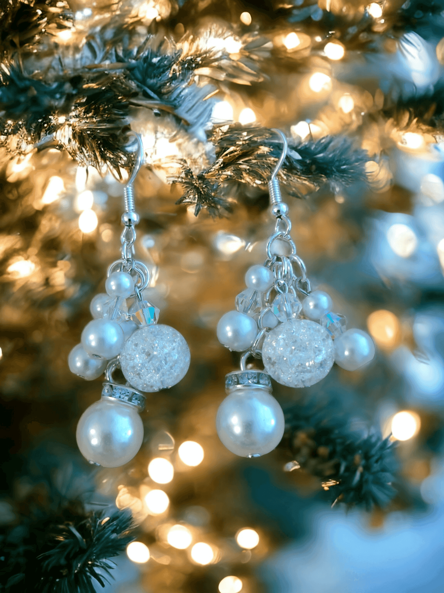 White Beaded Chandelier Earrings with Glass Pearls, Crackle Crystal Beads, and Austrian Crystals - ZeesPieces