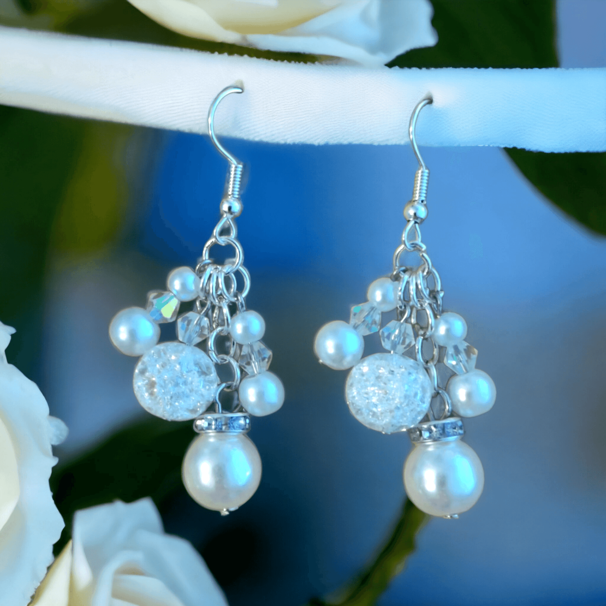 White Beaded Chandelier Earrings with Glass Pearls, Crackle Crystal Beads, and Austrian Crystals - ZeesPieces