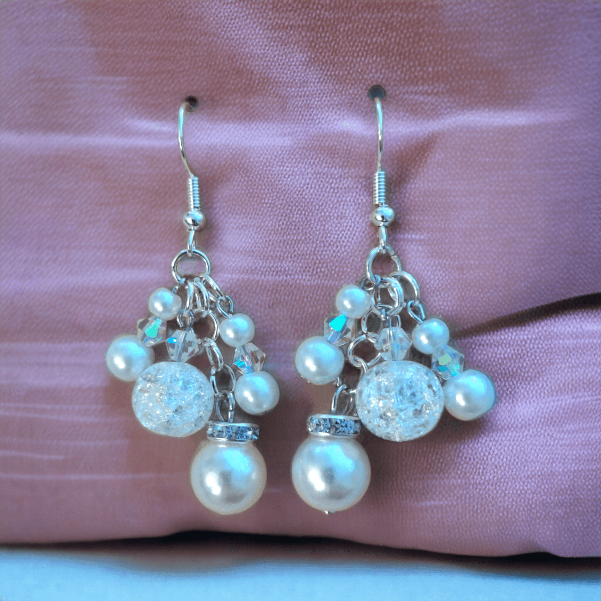 White Beaded Chandelier Earrings with Glass Pearls, Crackle Crystal Beads, and Austrian Crystals - ZeesPieces