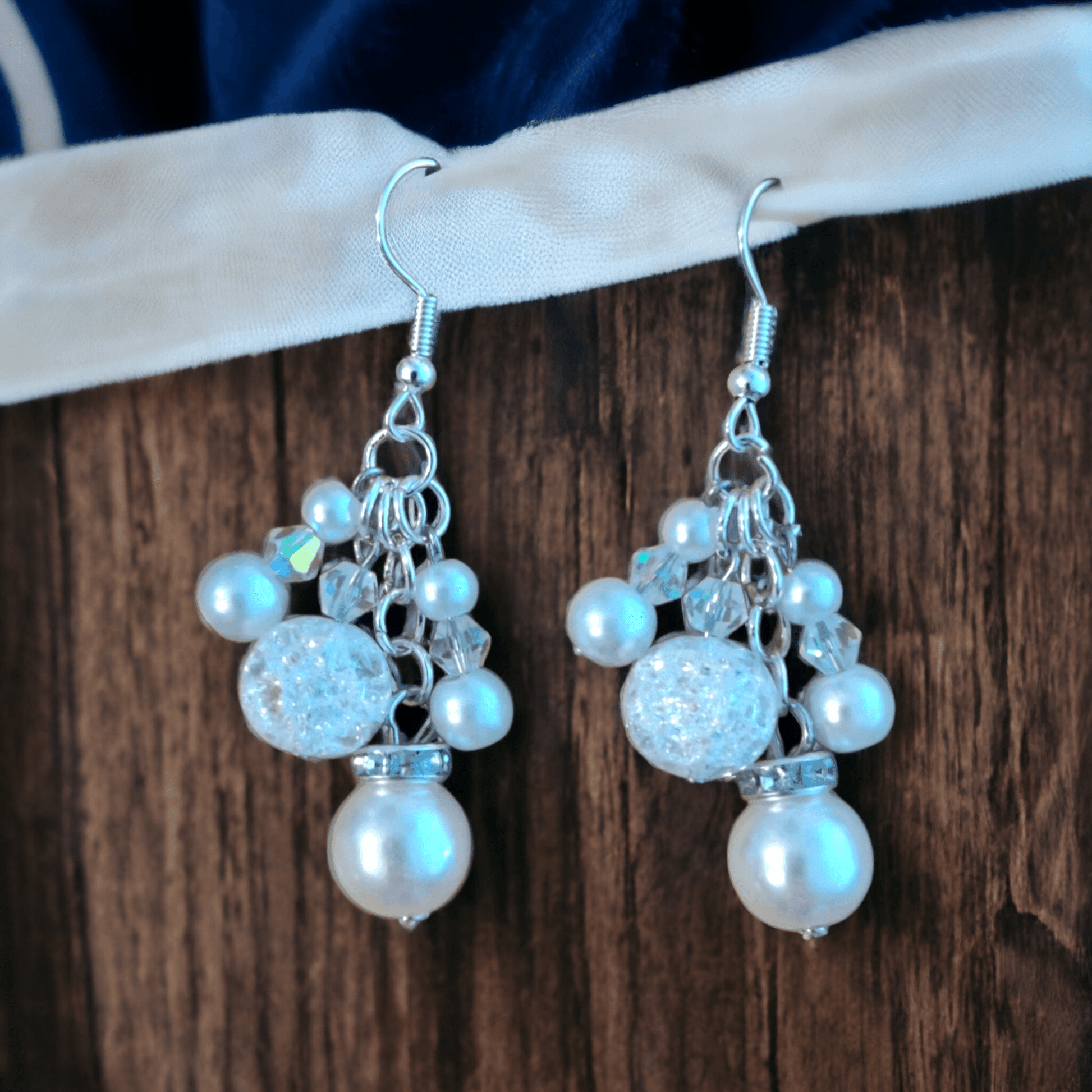 White Beaded Chandelier Earrings with Glass Pearls, Crackle Crystal Beads, and Austrian Crystals - ZeesPieces