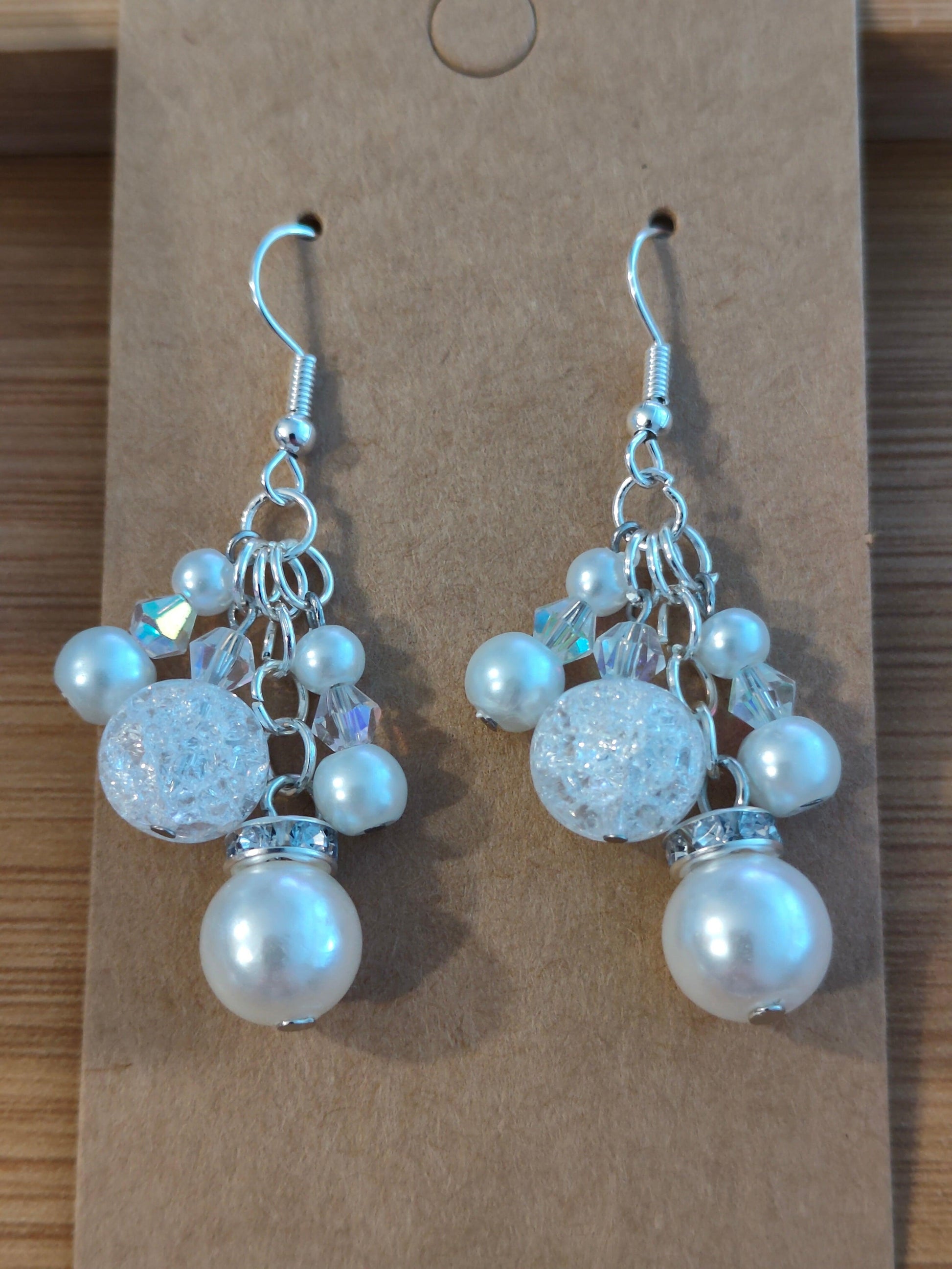 White Beaded Chandelier Earrings with Glass Pearls, Crackle Crystal Beads, and Austrian Crystals - ZeesPieces