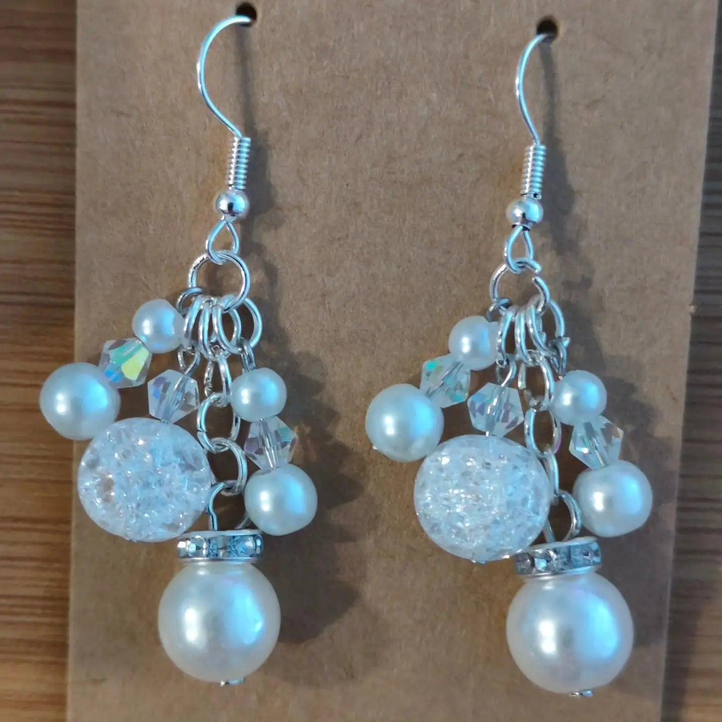 White Beaded Chandelier Earrings with Glass Pearls, Crackle Crystal Beads, and Austrian Crystals - ZeesPieces