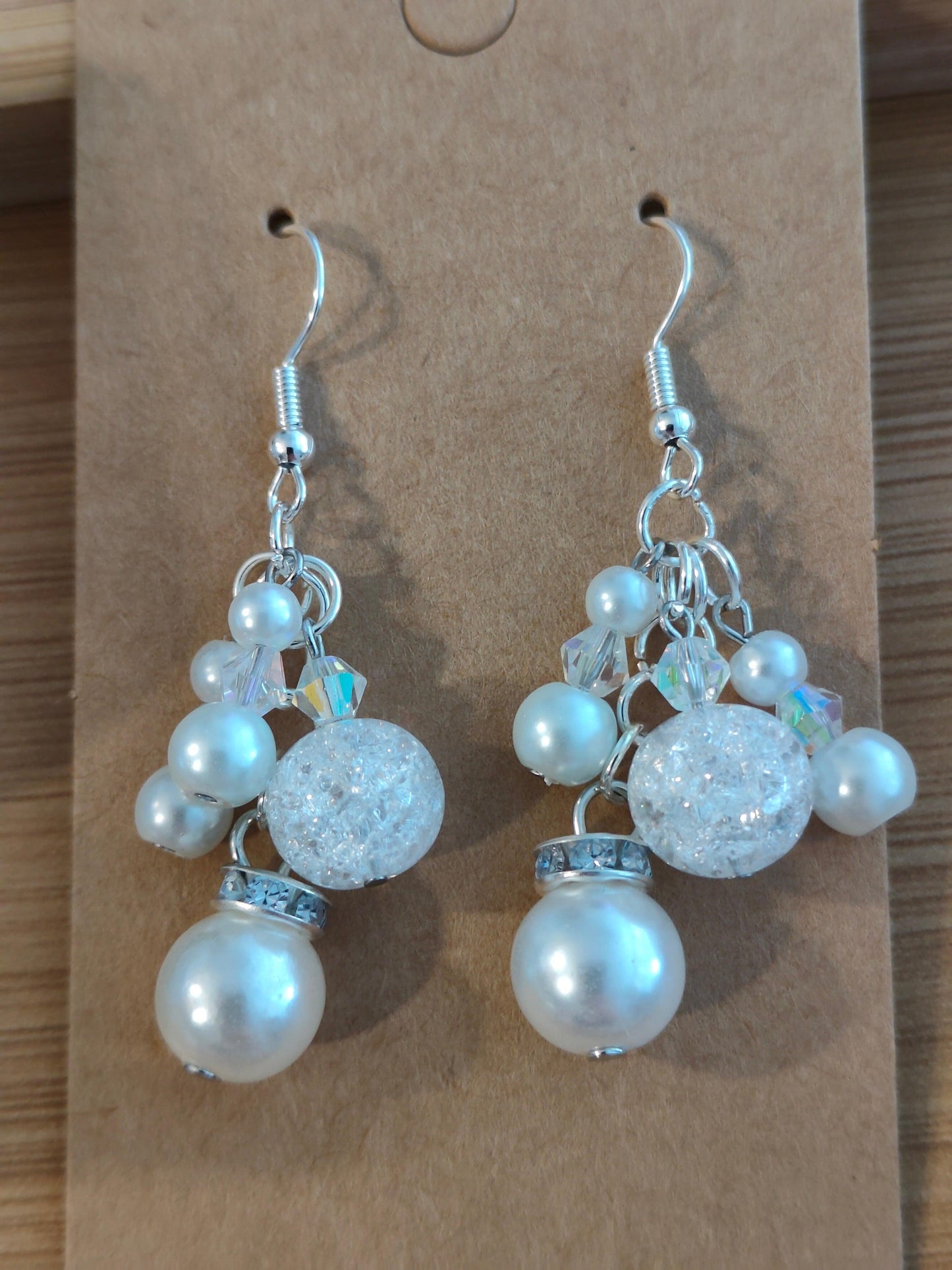 White Beaded Chandelier Earrings with Glass Pearls, Crackle Crystal Beads, and Austrian Crystals - ZeesPieces