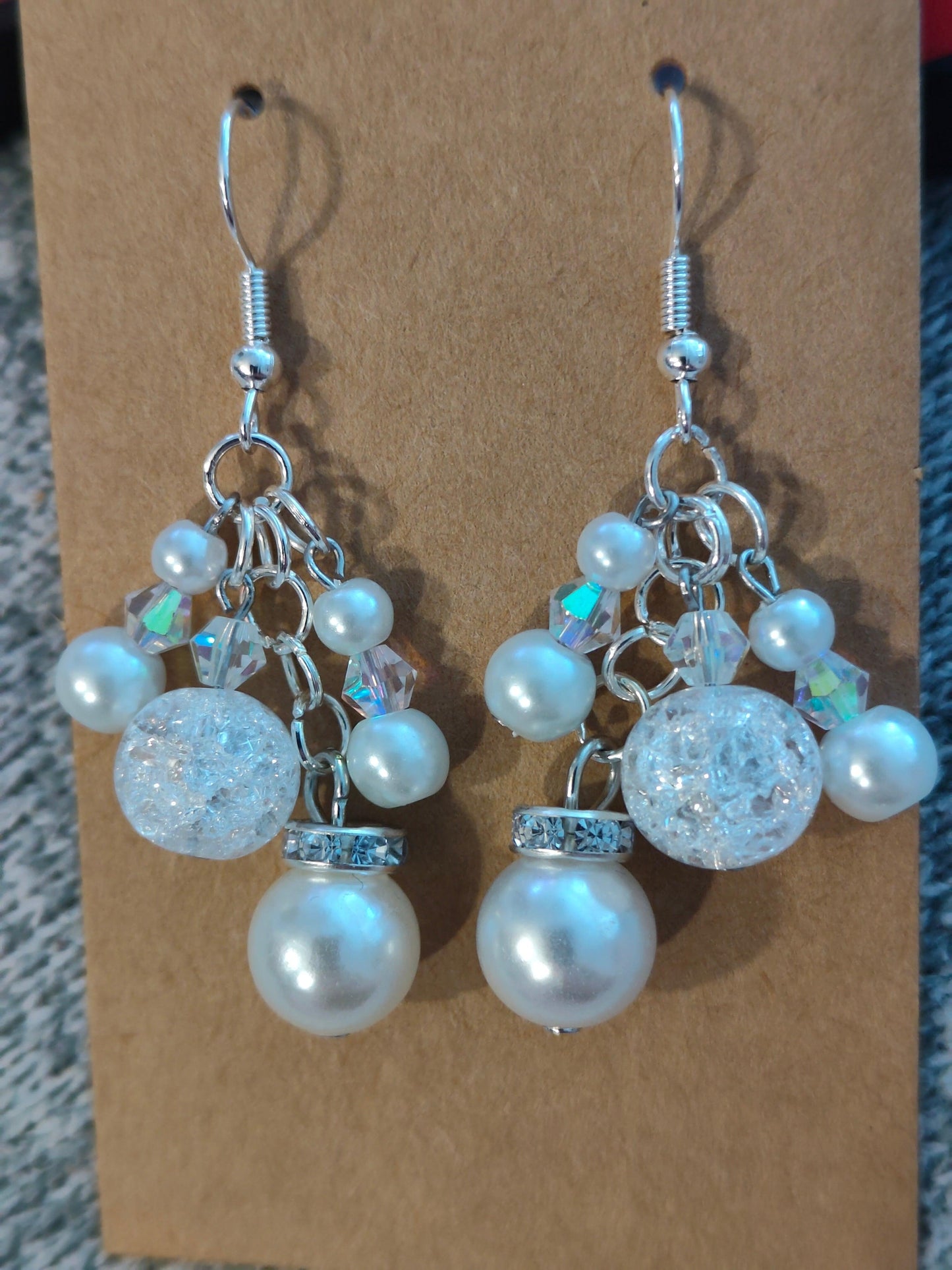 White Beaded Chandelier Earrings with Glass Pearls, Crackle Crystal Beads, and Austrian Crystals - ZeesPieces