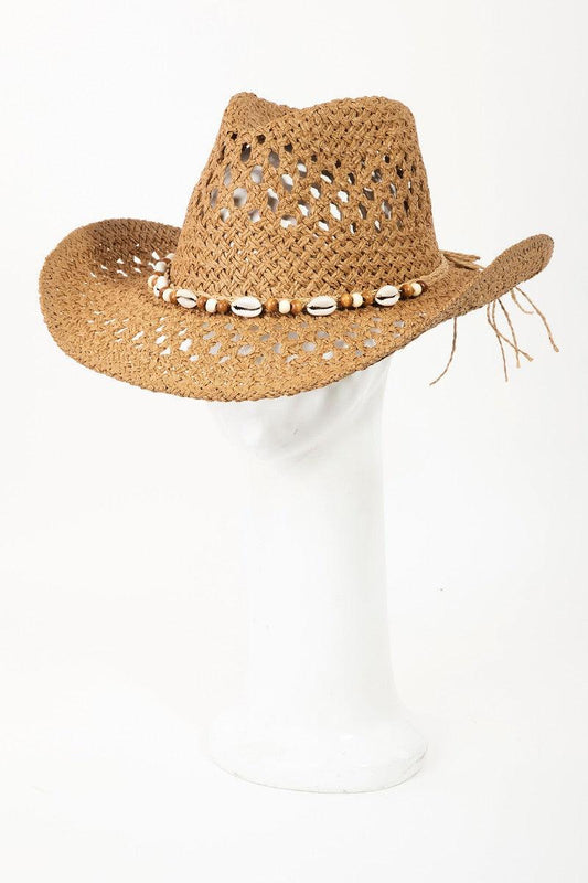 Fame Cowrie Shell Beaded String Straw Hat - ZeesPieces