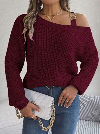 Asymmetrical Neck Long Sleeve Sweater - ZeesPieces