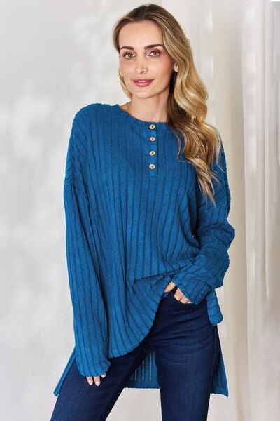 Basic Bae Full Size Ribbed Half Button Long Sleeve High-Low T-Shirt - ZeesPieces