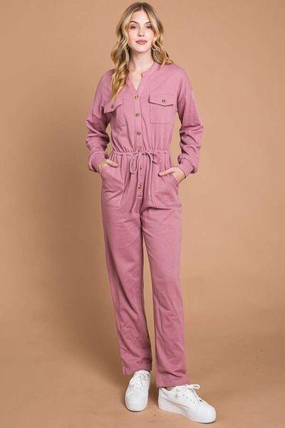 Culture Code Full Size Button Up Drawstring Waist Straight Jumpsuit - ZeesPieces