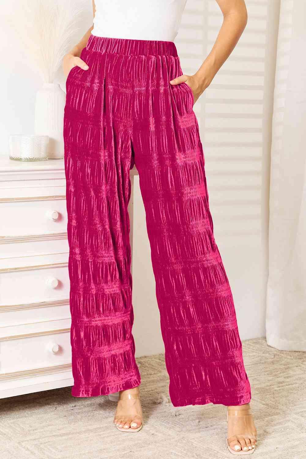 Double Take Full Size High Waist Tiered Shirring Velvet Wide Leg Pants - ZeesPieces