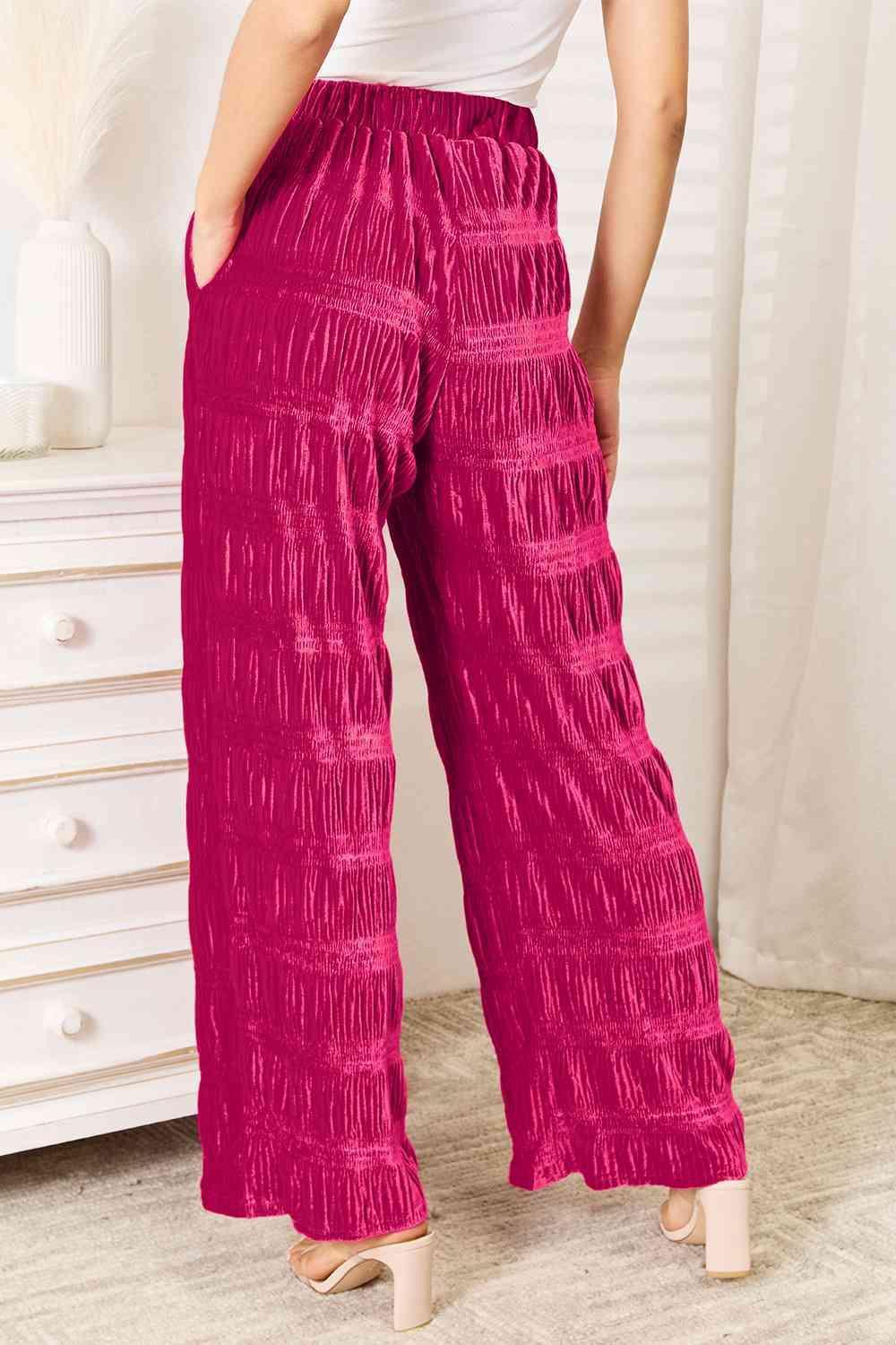 Double Take Full Size High Waist Tiered Shirring Velvet Wide Leg Pants - ZeesPieces