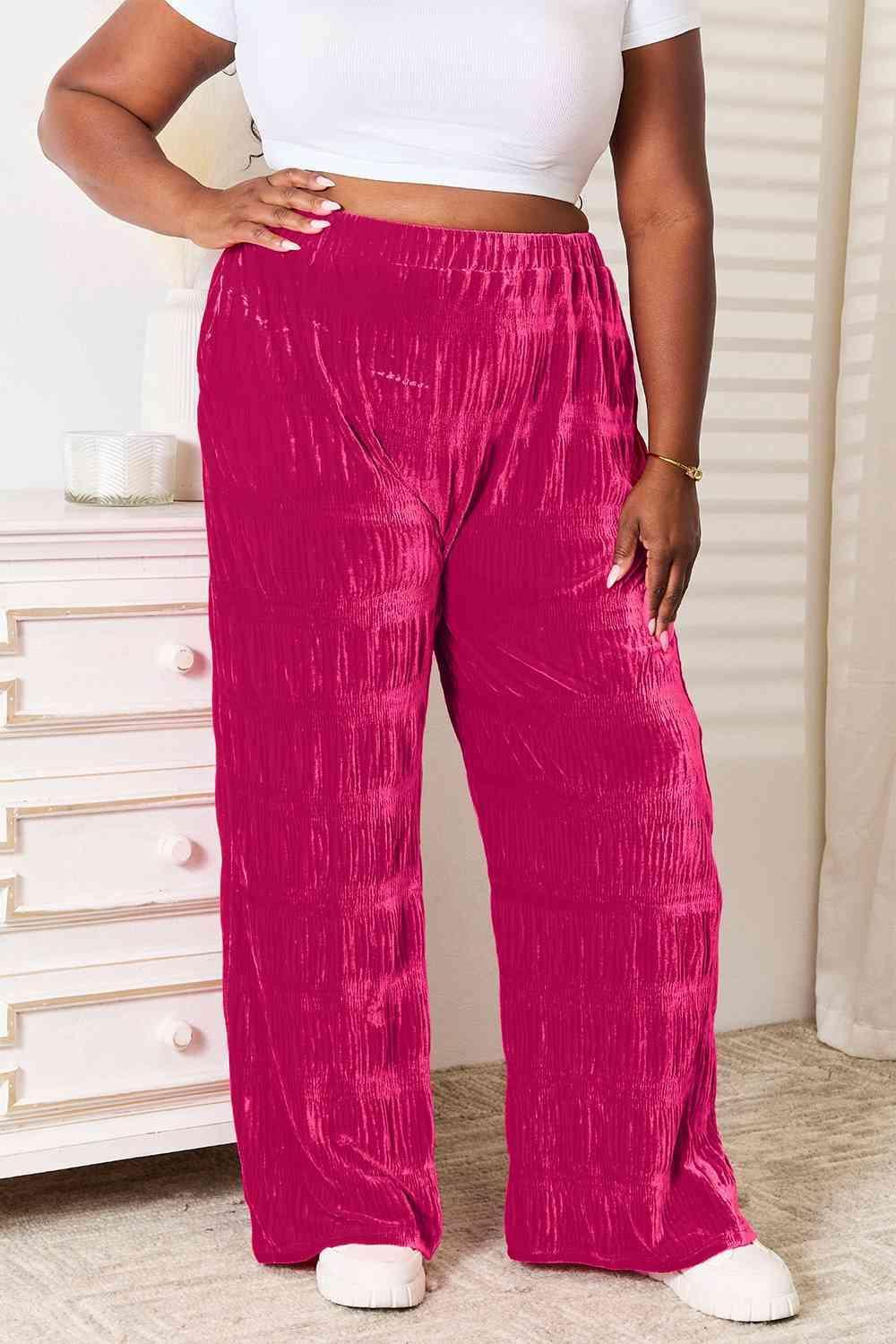 Double Take Full Size High Waist Tiered Shirring Velvet Wide Leg Pants - ZeesPieces