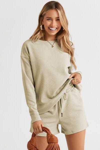 Double Take Full Size Texture Long Sleeve Top and Drawstring Shorts - ZeesPieces