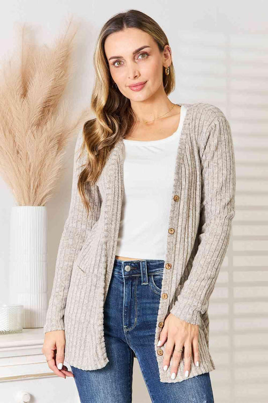 Double Take Ribbed Button-Up Cardigan with Pockets - ZeesPieces