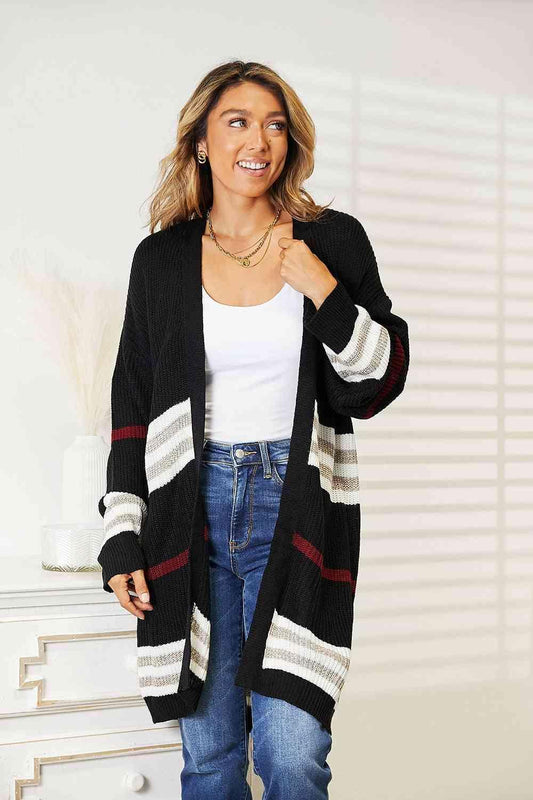 Double Take Striped Rib-Knit Drop Shoulder Open Front Cardigan - ZeesPieces