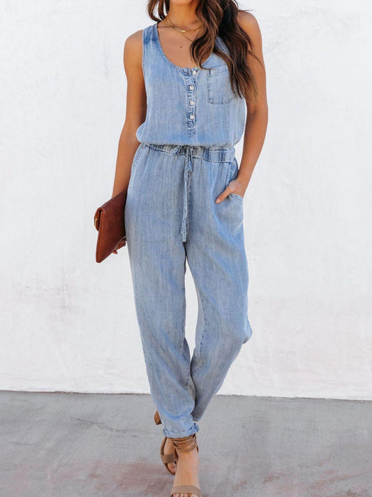 Drawstring Waist Sleeveless Jumpsuit with Pocket - ZeesPieces